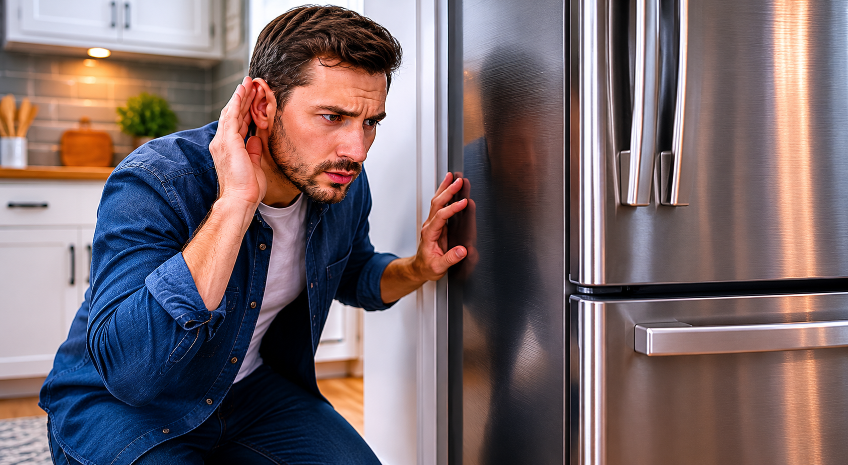Homeowner kneeling beside a stainless steel refrigerator in a modern kitchen while listening closely to identify the source of a loud refrigerator noise