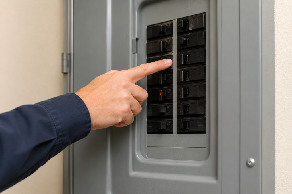 Homeowner identifying a tripped circuit breaker inside an electrical panel during troubleshooting repair steps