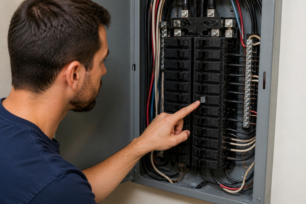 Identifying tripped circuit breaker in electrical panel with switch in middle position