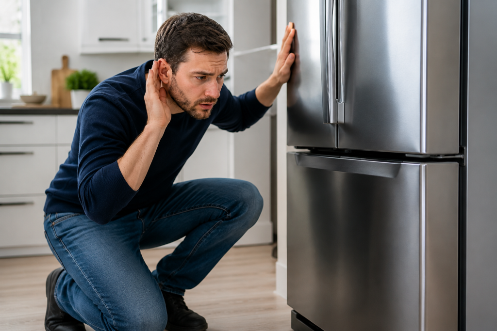 Homeowner kneeling beside a stainless steel refrigerator in a modern kitchen while listening carefully to locate Refrigerator Making a Loud Noise