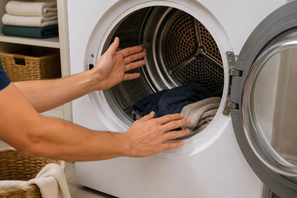 Homeowner checking airflow inside front-loading dryer drum in organized laundry room to improve drying efficiency and performance
