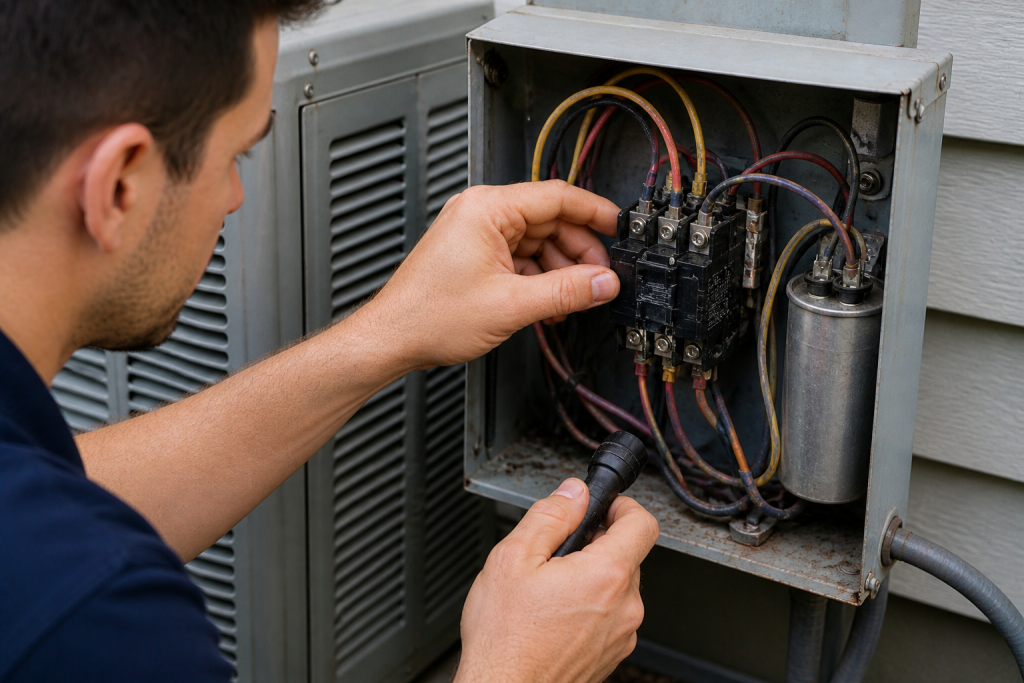 Inspecting AC contactor inside outdoor unit to troubleshoot fan not spinning