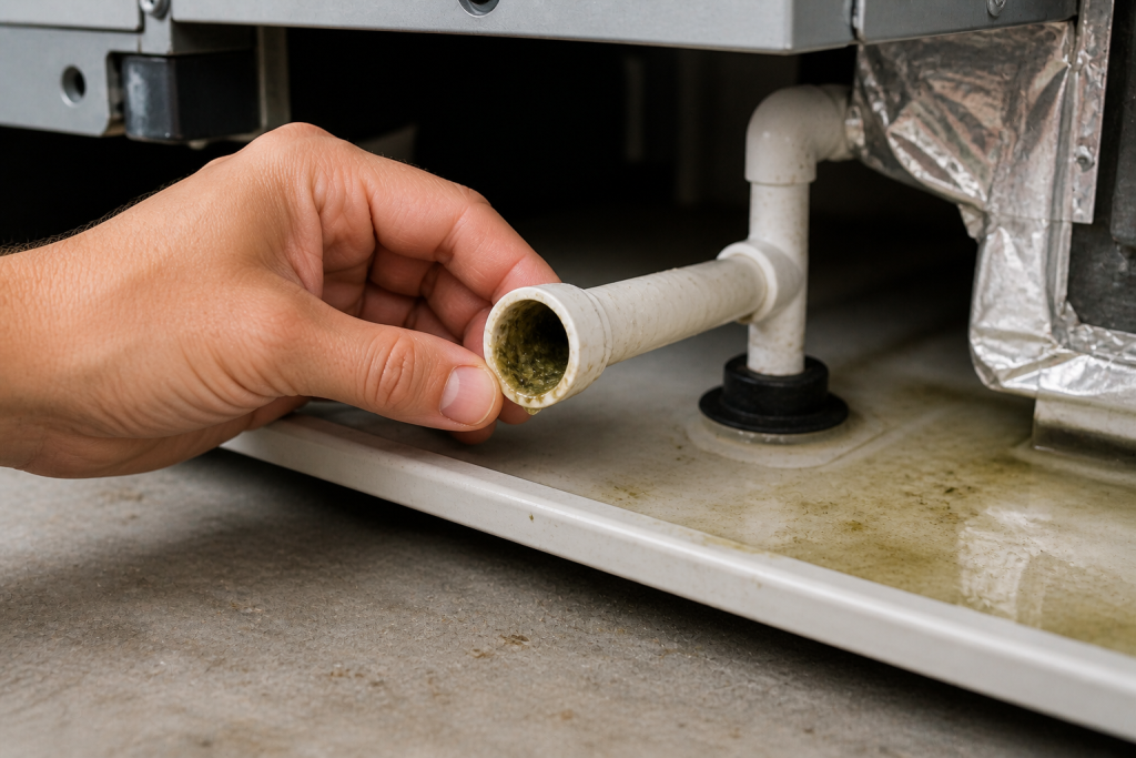 Inspecting AC condensate drain line for clogs causing cooling issues