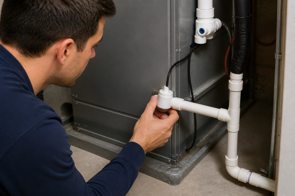 Inspecting AC drain line safety switch on condensate pipe to troubleshoot system not turning on