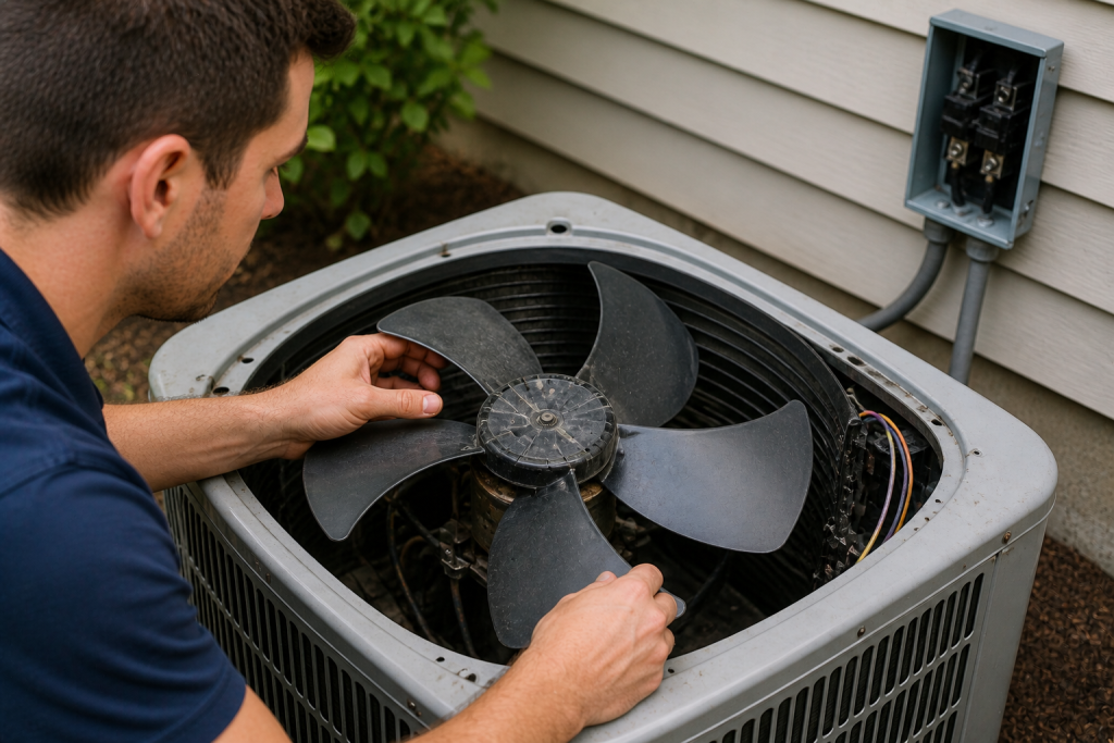Inspecting AC condenser fan blades after turning off power to diagnose fan not spinning
