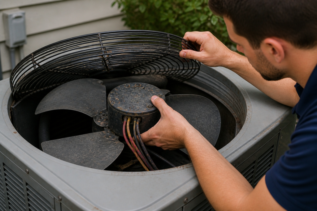 Inspecting AC condenser fan motor for signs of failure causing fan not spinning