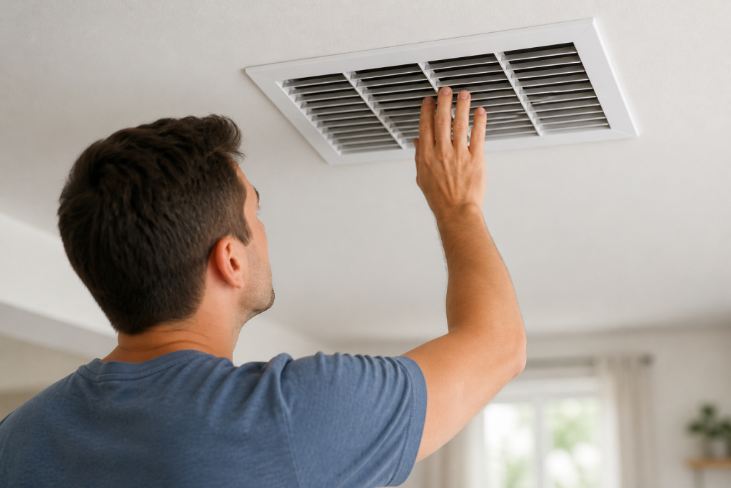 Checking ceiling air vent to ensure proper airflow for AC cooling efficiency