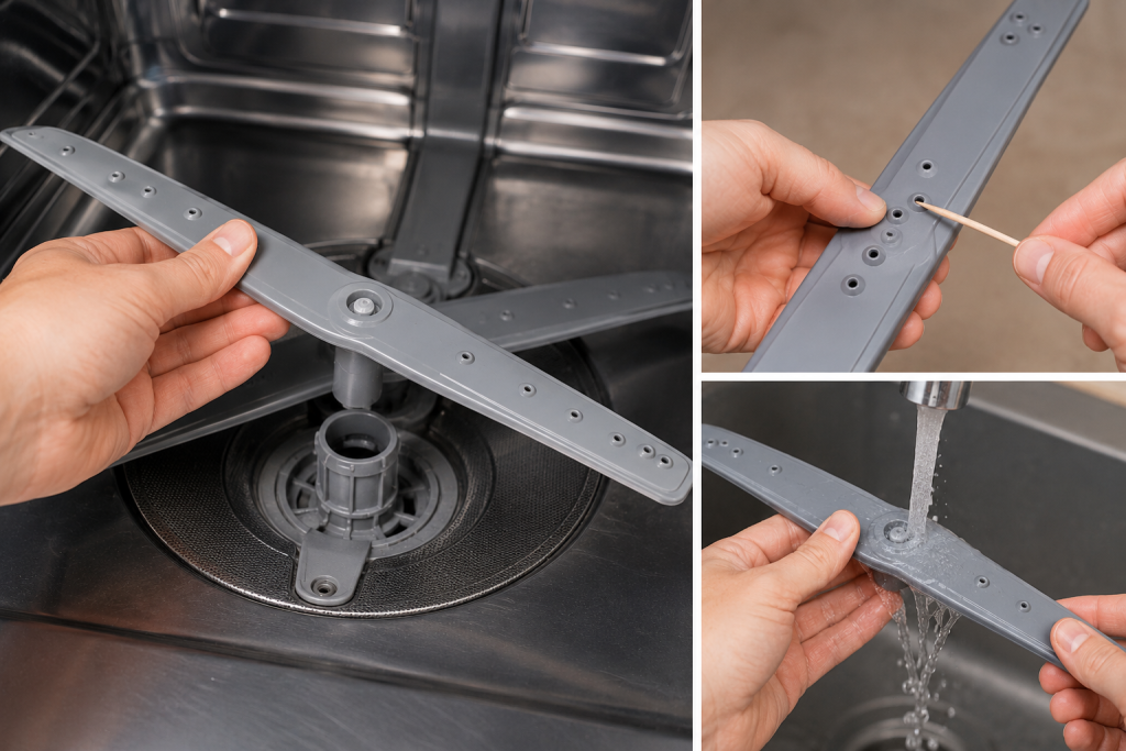 Hands removing and cleaning clogged dishwasher spray arms with visible mineral buildup and blocked water holes causing white residue on dishes