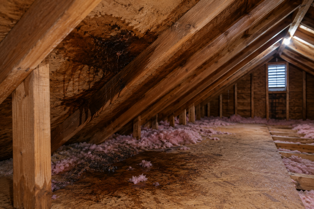 Damp attic with dark roof leak stains on plywood decking and wet insulation causing musty smells after heavy rain