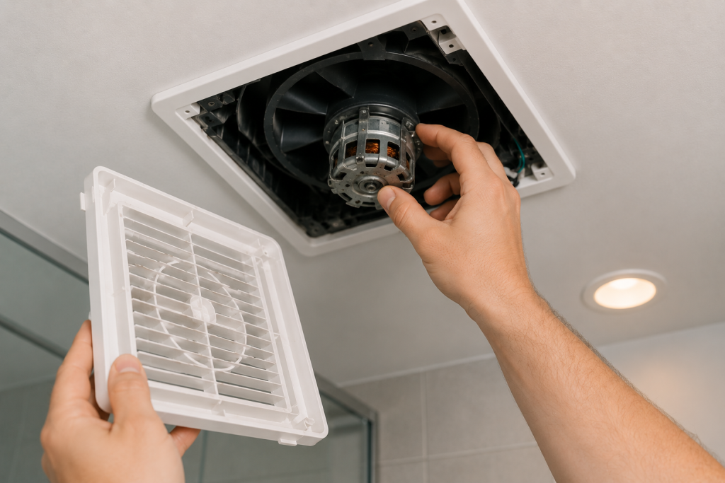 Inspecting a bathroom exhaust fan motor after removing the vent cover during fan troubleshooting