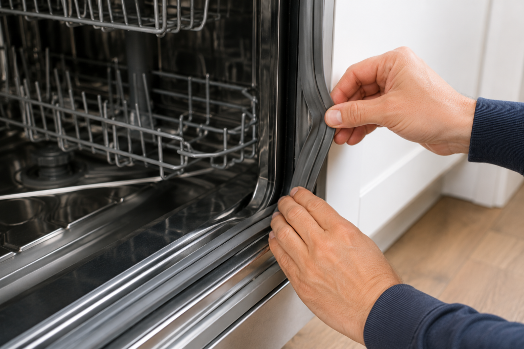 Homeowner inspecting the rubber door gasket seal on a Bosch dishwasher for leaks and damage causing an E15 error code