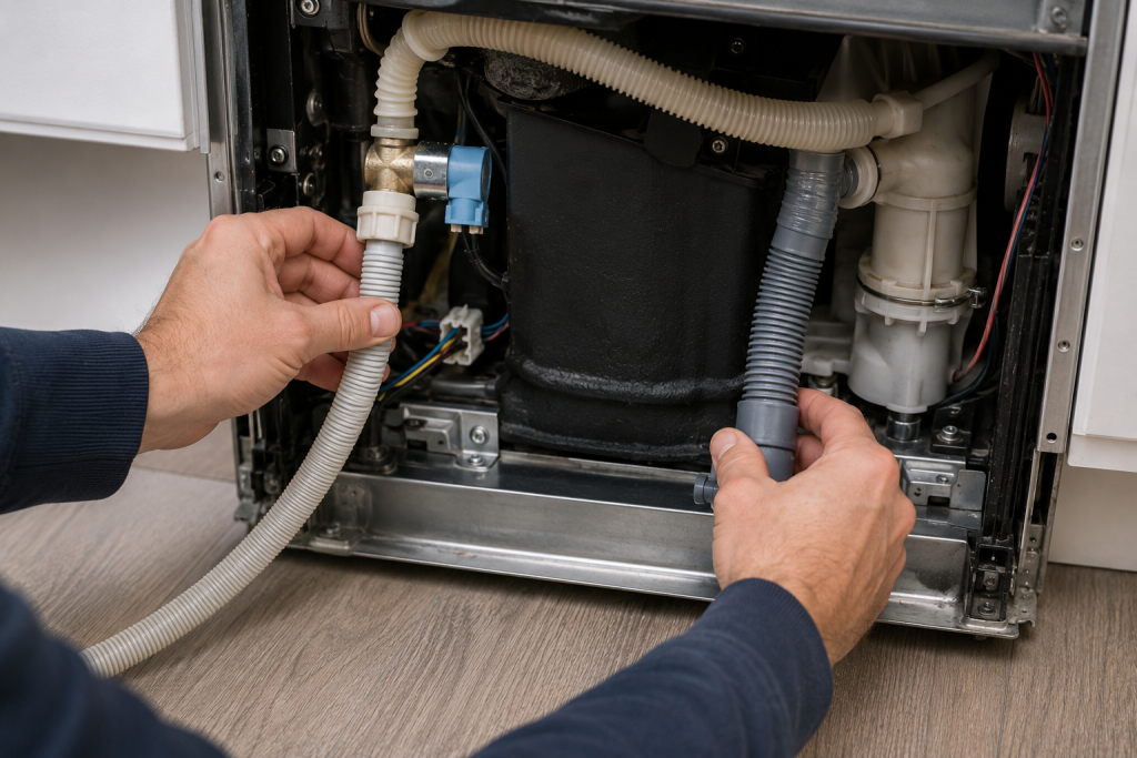 Homeowner inspecting the water inlet hose and drain hose connections underneath a Bosch dishwasher for leaks causing an E15 error code