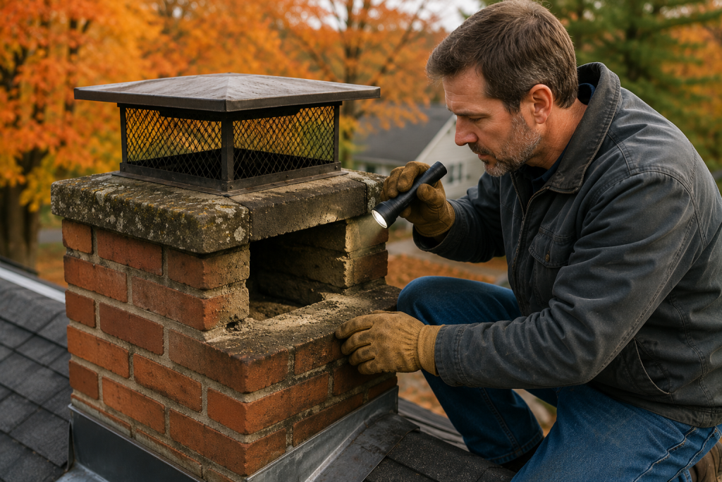 Inspecting chimney and fireplace exterior during fall home maintenance before winter heating season