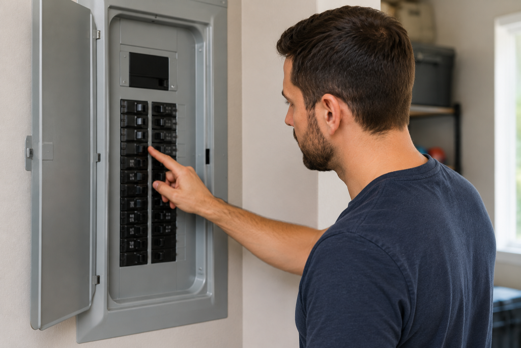 Homeowner inspecting and resetting a household electrical circuit breaker panel while troubleshooting a GE refrigerator PF power failure error in a utility room