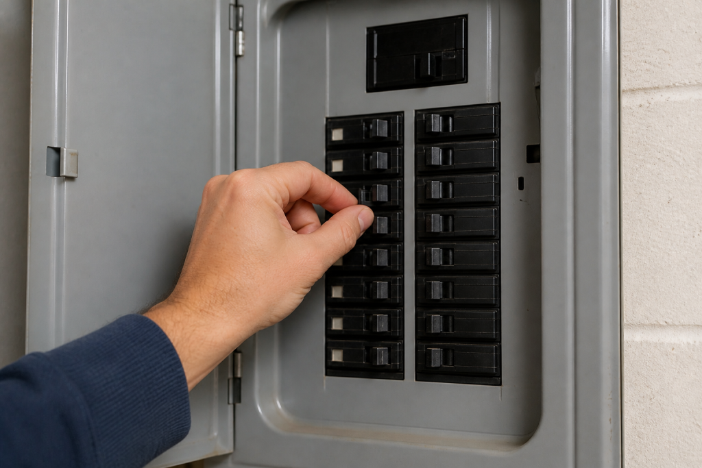 person checking and resetting a circuit breaker inside an electrical panel to troubleshoot flickering lights