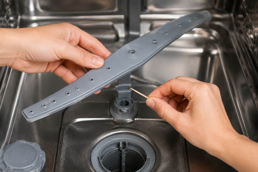 Hands cleaning and unclogging a dishwasher spray arm inside a stainless steel dishwasher using a toothpick