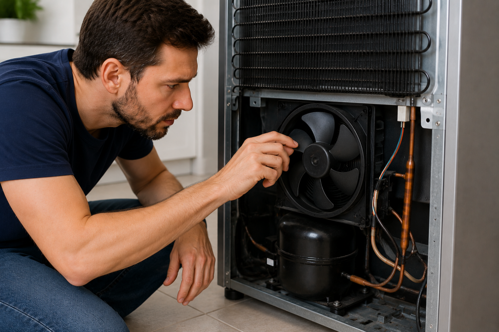 Homeowner inspecting the condenser fan and rear refrigerator components behind a stainless steel refrigerator during refrigerator noise troubleshooting in a modern kitchen