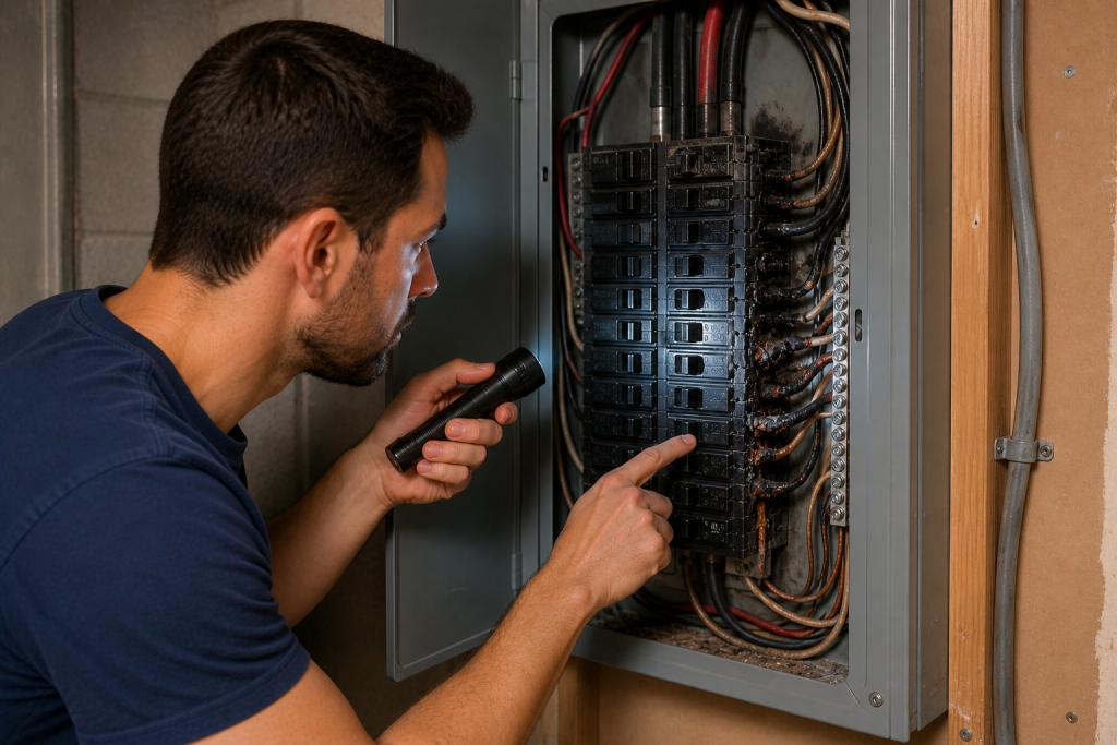 Inspecting electrical panel for burn marks or damaged wiring causing breaker issues