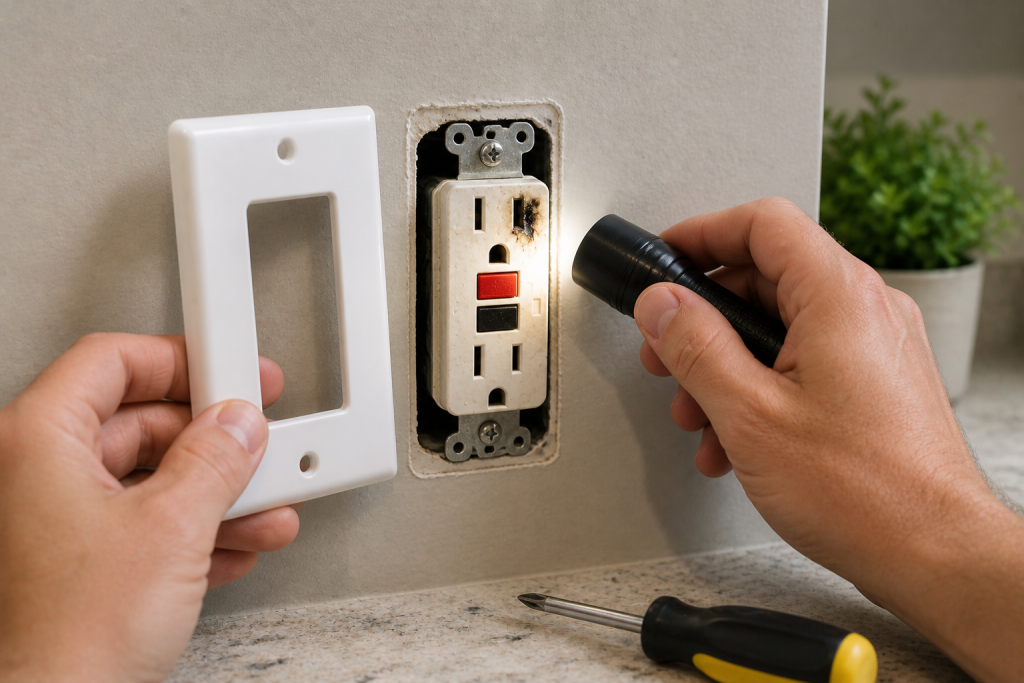 Person inspecting a damaged GFCI outlet with burn marks after removing the outlet cover plate indoors