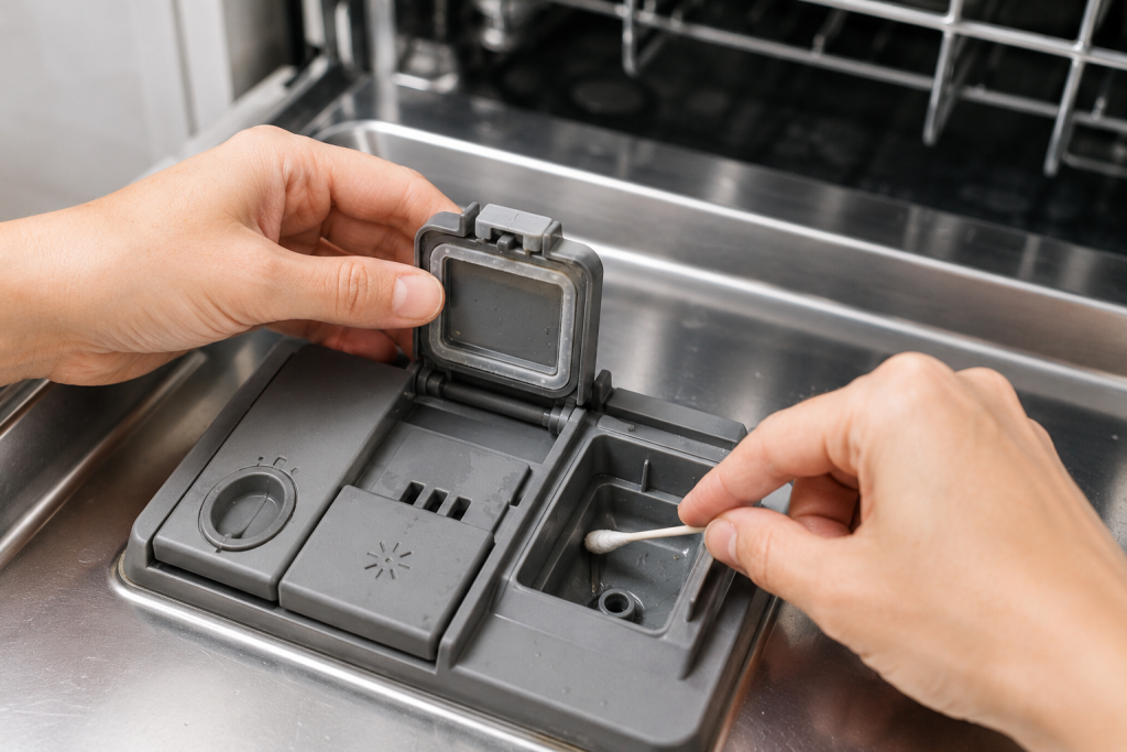 Hands inspecting and cleaning a dishwasher detergent dispenser compartment inside a stainless steel dishwasher