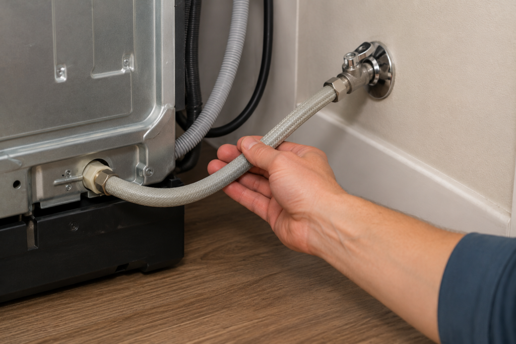 Hand inspecting the water inlet hose behind a dishwasher during GE dishwasher H2O error troubleshooting