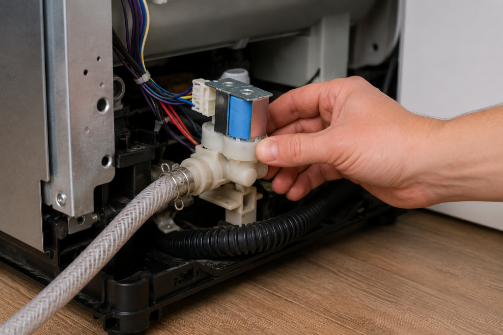 Inspecting a dishwasher water inlet valve and wiring connections during GE dishwasher H2O error code troubleshooting
