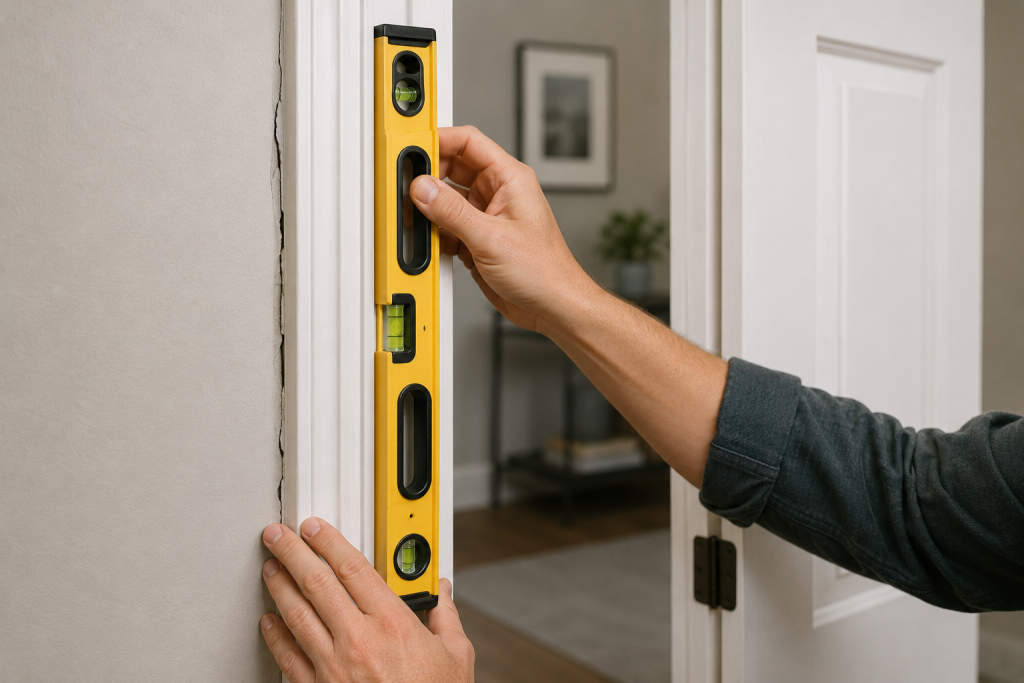 person using a level to inspect a shifted door frame on a white interior door inside a home