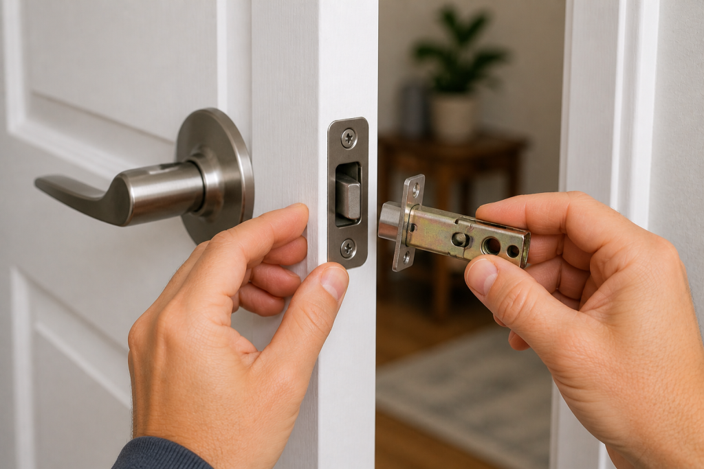 Inspecting door latch mechanism to fix a door that won’t latch properly