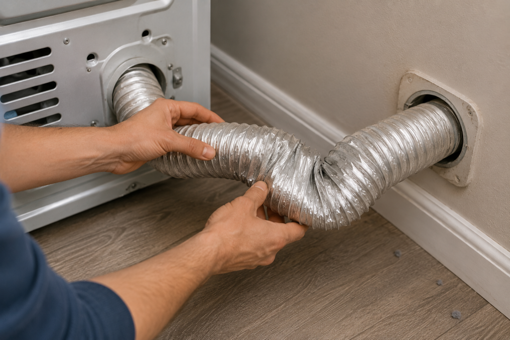Homeowner inspecting flexible dryer vent hose behind dryer for kinks, crushing, or airflow restrictions in laundry room