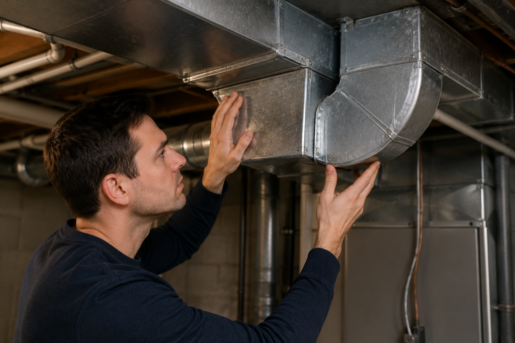 Inspecting residential HVAC ductwork for expansion noises and loose metal connections in a basement utility area