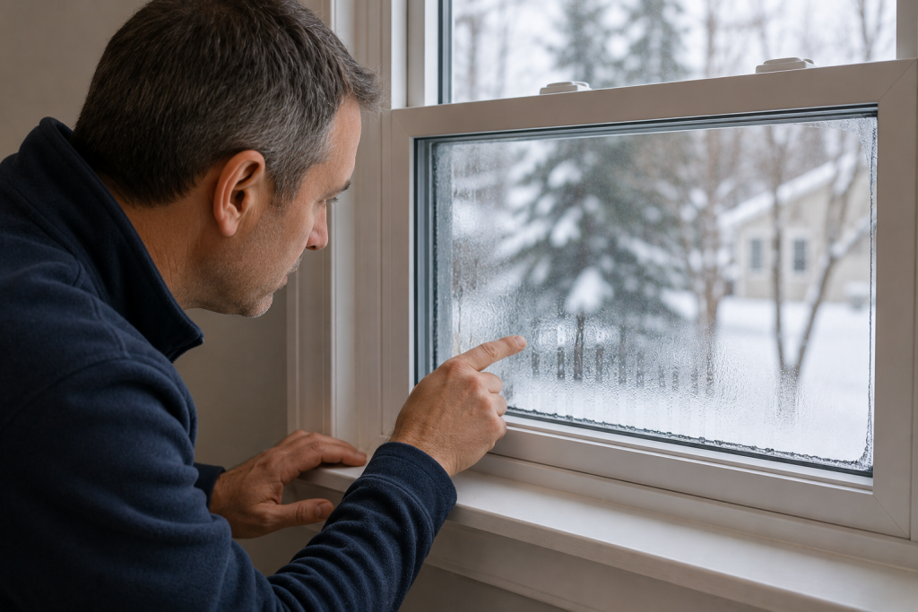 Inspecting foggy double-pane residential windows for failed seals and winter insulation problems inside a home