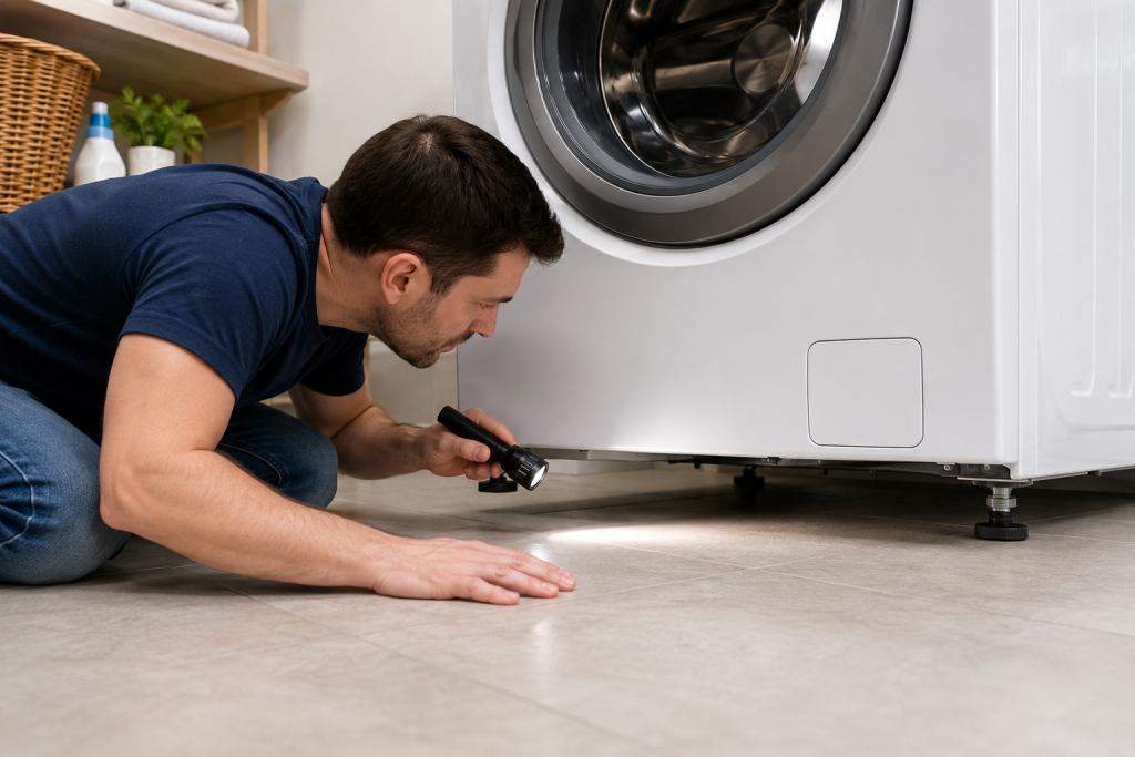 Homeowner inspecting the floor and washer feet beneath a front-load washing machine for uneven surfaces causing vibration and balance problems