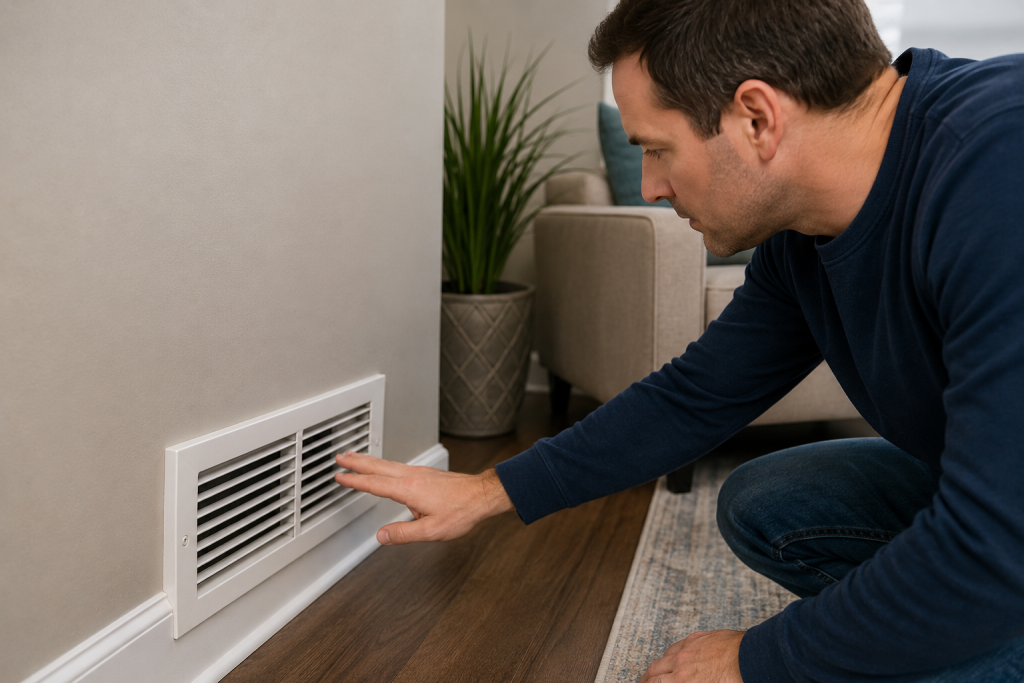 Inspecting residential furnace air vents and registers for blocked airflow and heating problems