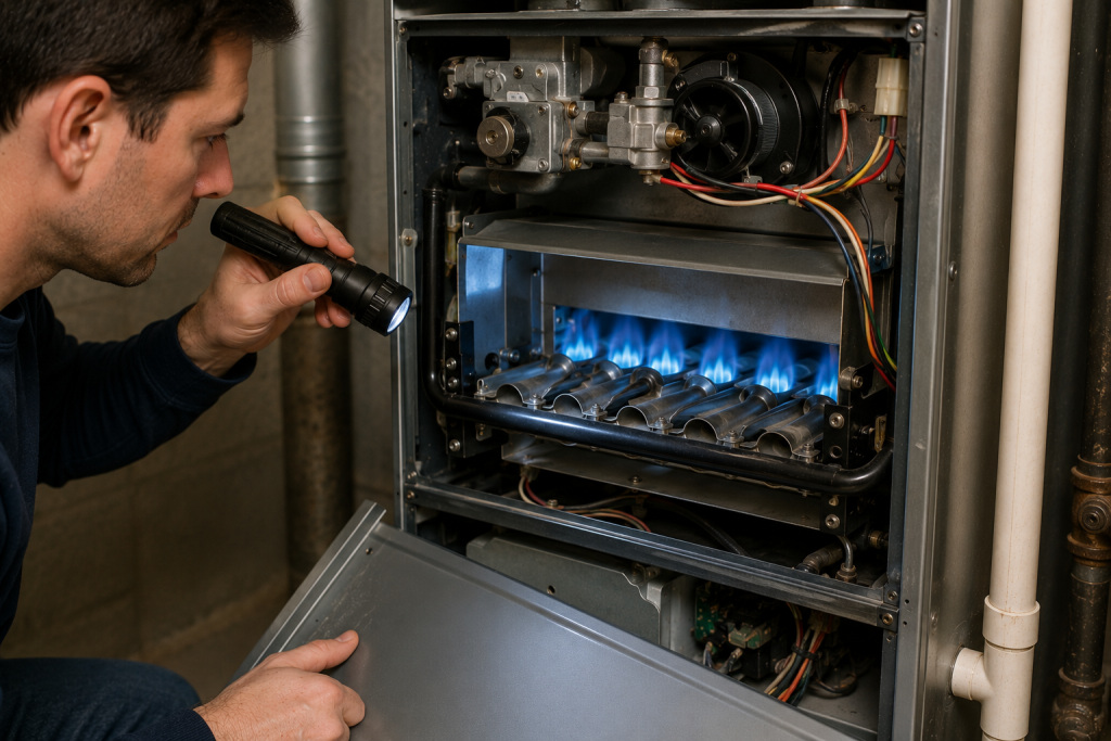 Inspecting blue furnace burner flames inside a residential HVAC heating system during furnace noise troubleshooting
