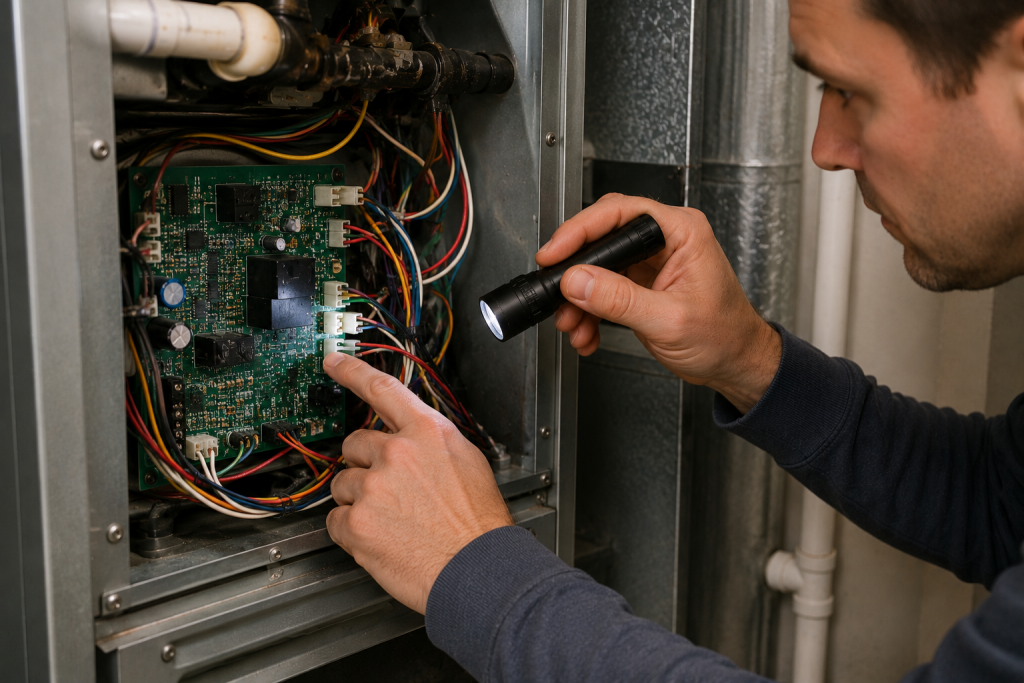 HVAC technician inspecting the furnace control board and electrical wiring inside a residential heating system to diagnose continuous blower operation