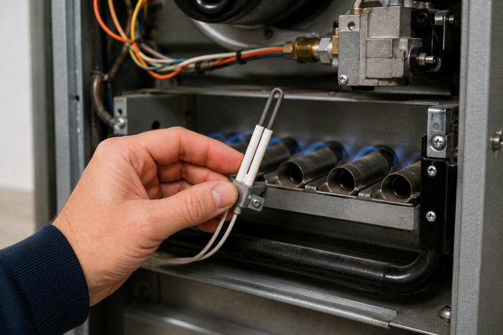 Hand inspecting a ceramic furnace igniter inside an open residential gas furnace burner assembly during HVAC troubleshooting