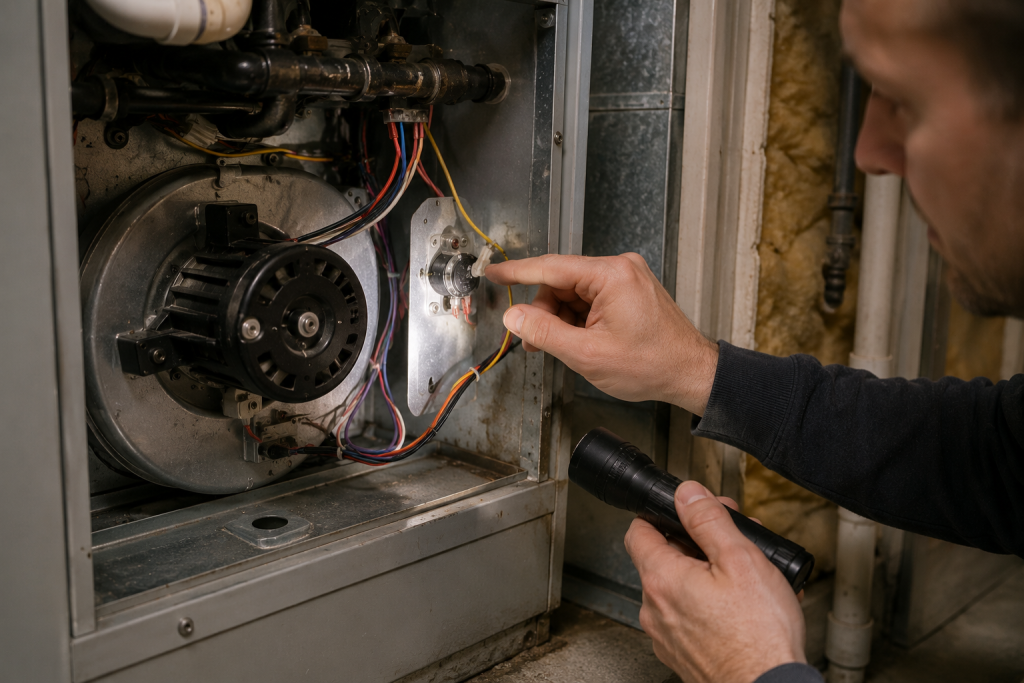 Homeowner inspecting the furnace limit switch and internal HVAC components inside a residential heating system to troubleshoot continuous blower operation