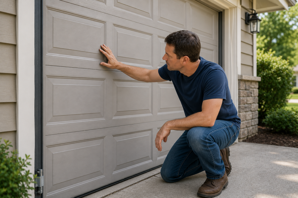 Homeowner inspecting residential garage door panels and seals during exterior home maintenance