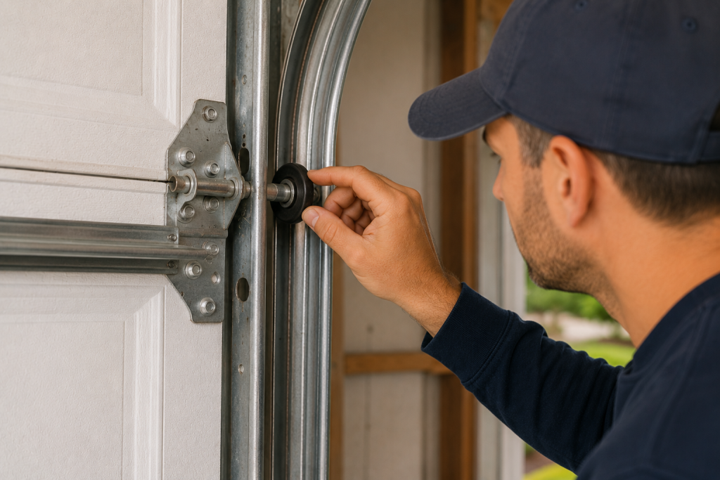 Inspecting residential garage door rollers for wear, cracks, and alignment problems during garage door repair troubleshooting