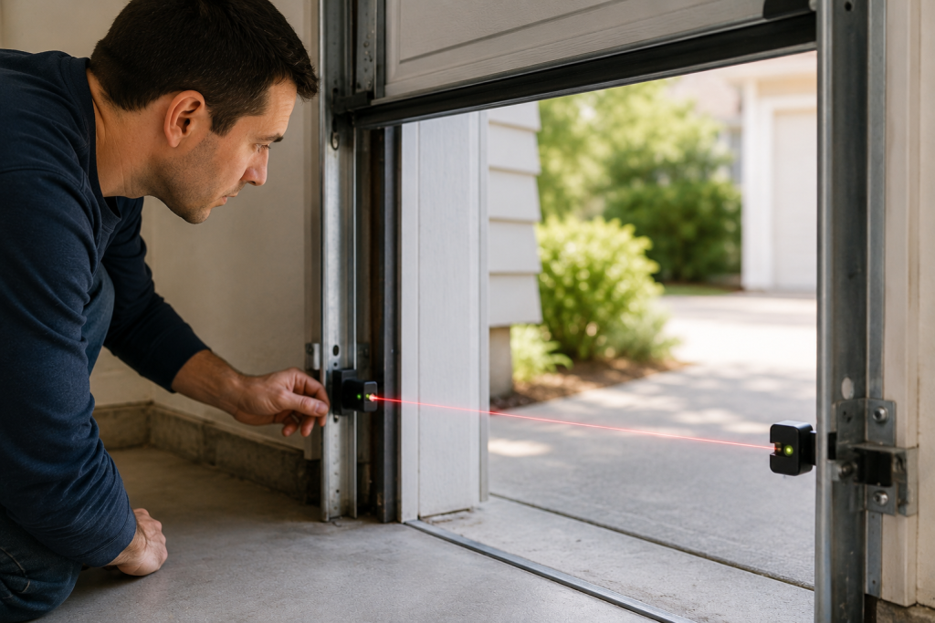Homeowner kneeling near a garage door while inspecting and aligning the garage door safety sensors near the floor tracks