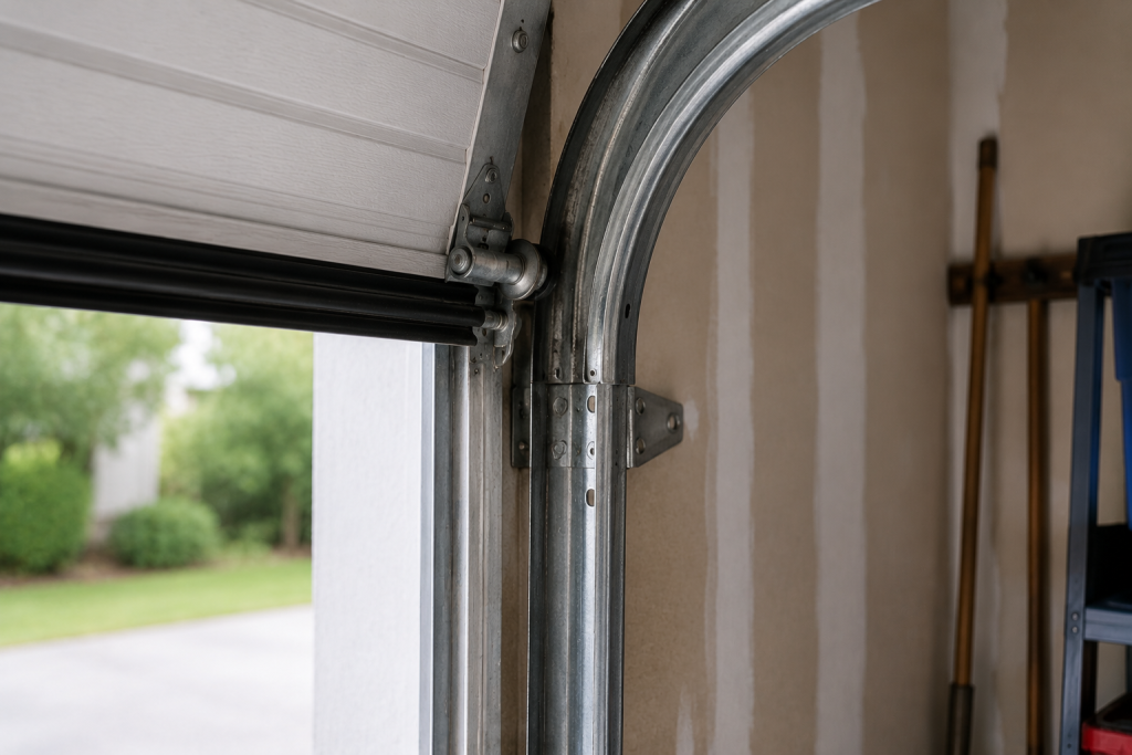 Close-up view of garage door metal tracks and rollers being inspected for dirt, damage, or alignment problems inside a residential garage door closes then opens again