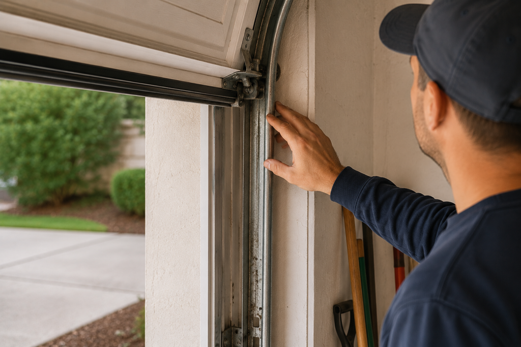Inspecting residential garage door tracks and rollers for dirt, damage, and alignment problems during garage door troubleshooting