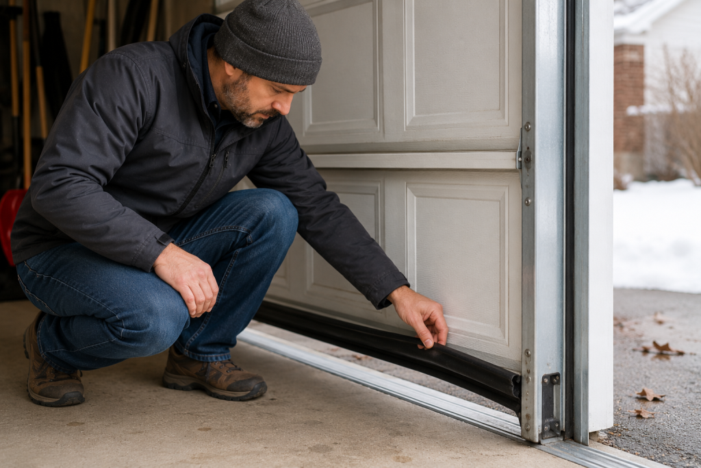 Homeowner inspecting weather seals along the bottom edge of a residential garage door to prevent cold air and moisture from entering during winter