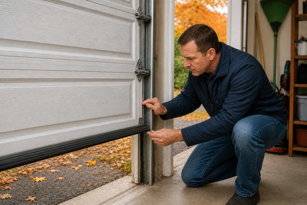 Inspecting garage door weather seals and bottom gasket during fall home maintenance before winter weather arrives