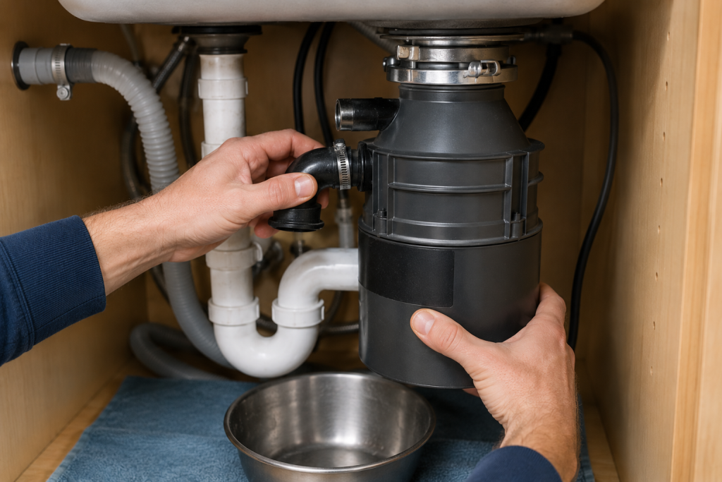 Inspecting the dishwasher connection to a garbage disposal under a kitchen sink to troubleshoot drainage issues