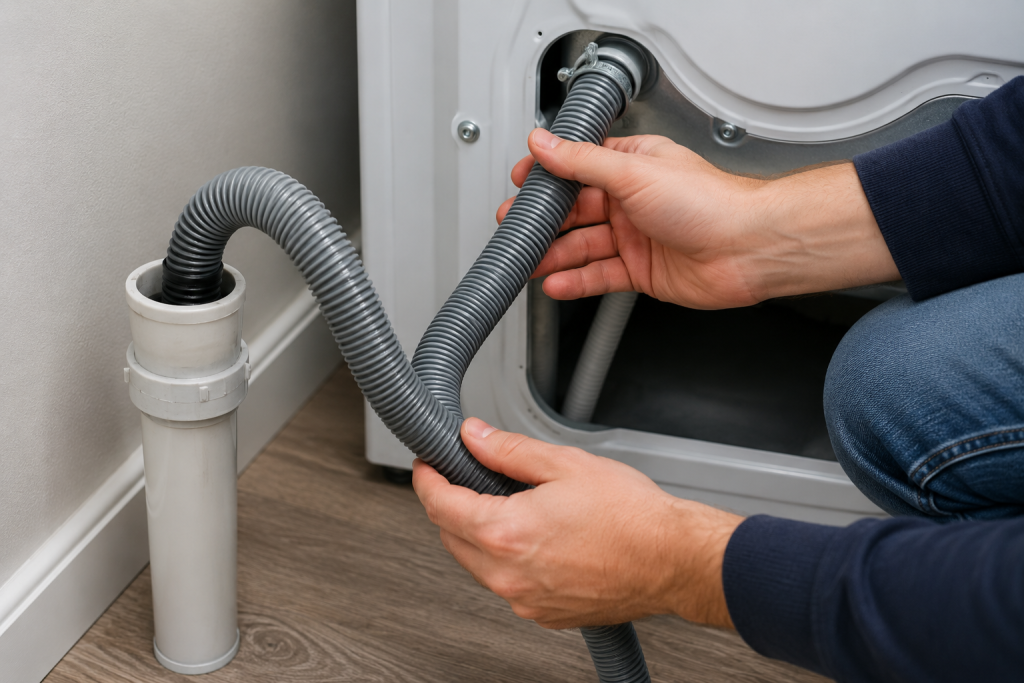 Person inspecting the drain hose behind a washing machine while troubleshooting a GE washer not draining properly.