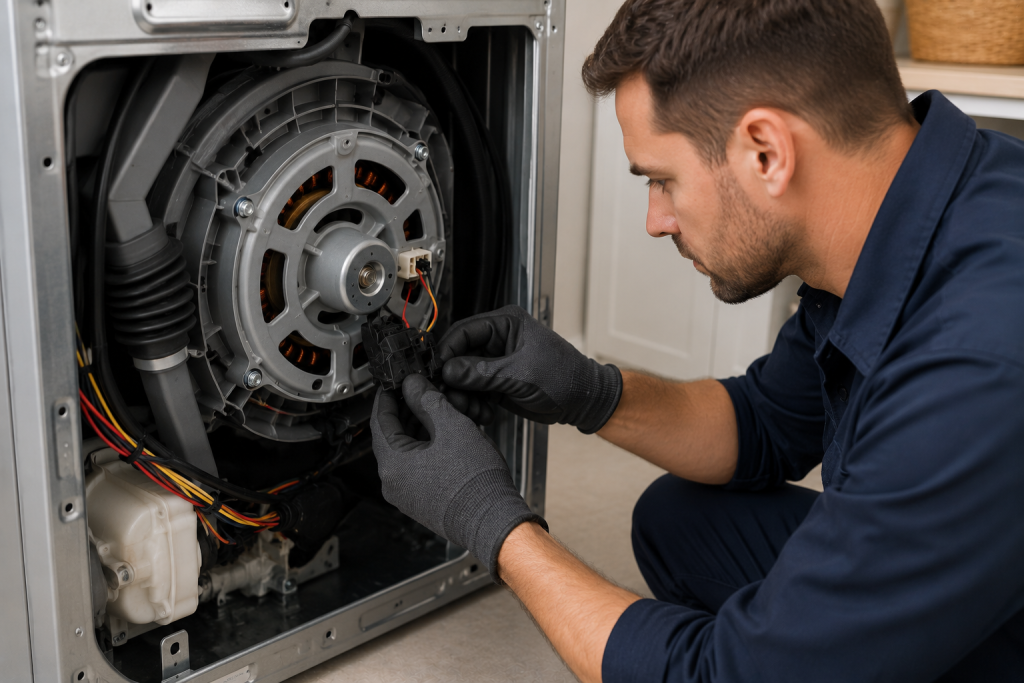 Appliance repair technician examining the Hall sensor and motor wiring on the back of a front load washing machine during LG LE error troubleshooting in a modern laundry room
