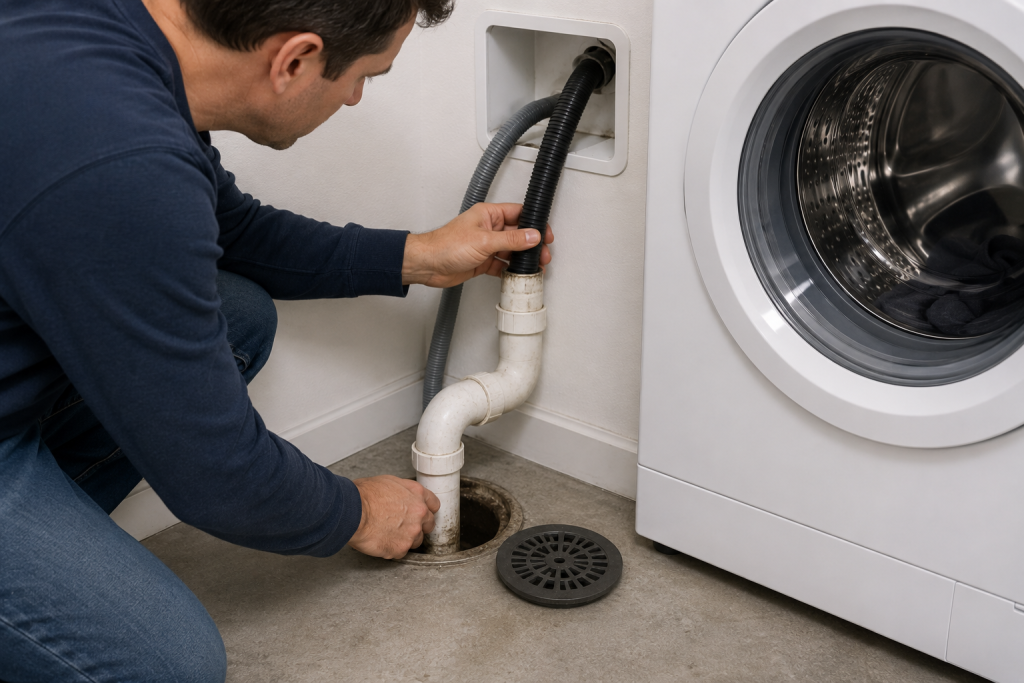 Person inspecting the household laundry drain pipe and washer drain hose connection near a front-loading washing machine to troubleshoot a Whirlpool washer F9 E1 drain error.