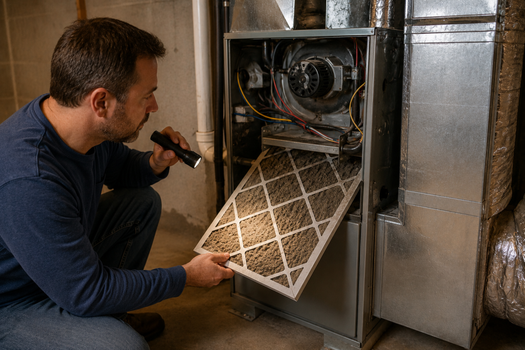 Residential HVAC air handler system with visible ductwork, condensate drain line, and air filter being inspected for moisture and mold-related musty odors after rain