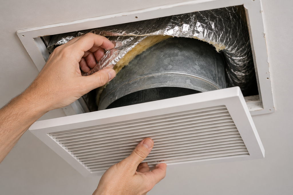 Homeowner inspecting insulation around exposed HVAC ductwork and ceiling air vents inside an attic to check for condensation problems